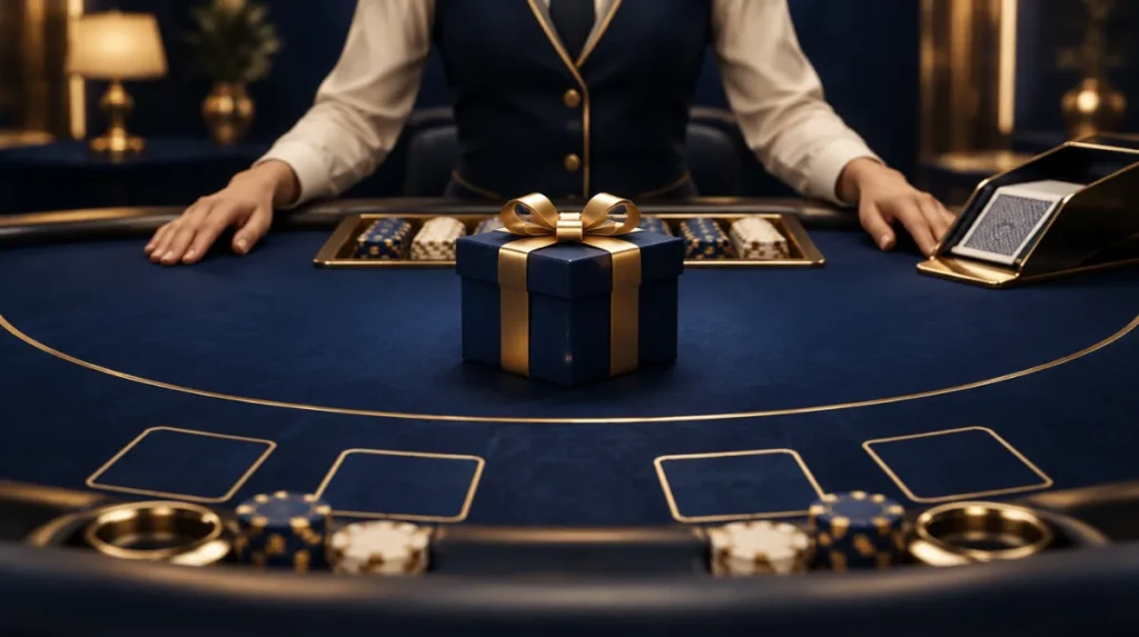 A live dealer table seen from the player's seat, with a bonus gift box on the felt