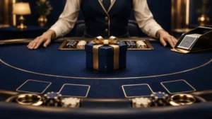 A live dealer table seen from the player's seat, with a bonus gift box on the felt