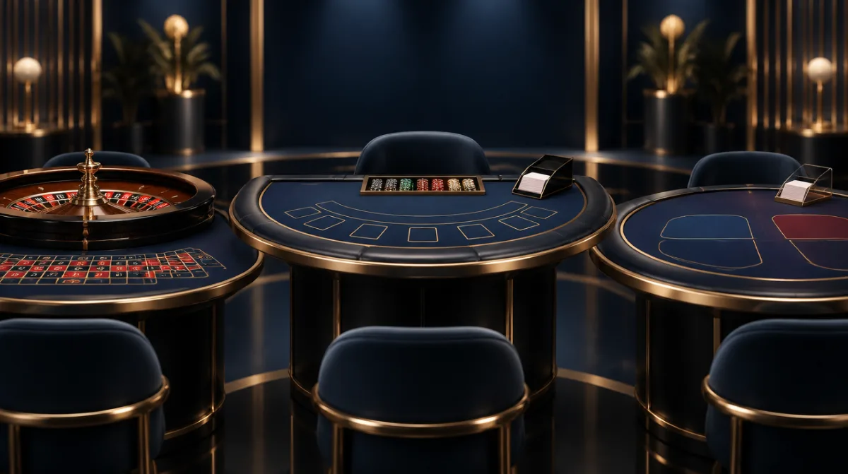 Roulette, blackjack and baccarat tables side by side in a live studio