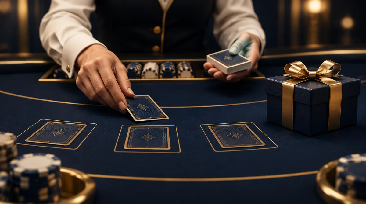 A live dealer's hands dealing cards at a professional table with a gift box on the felt