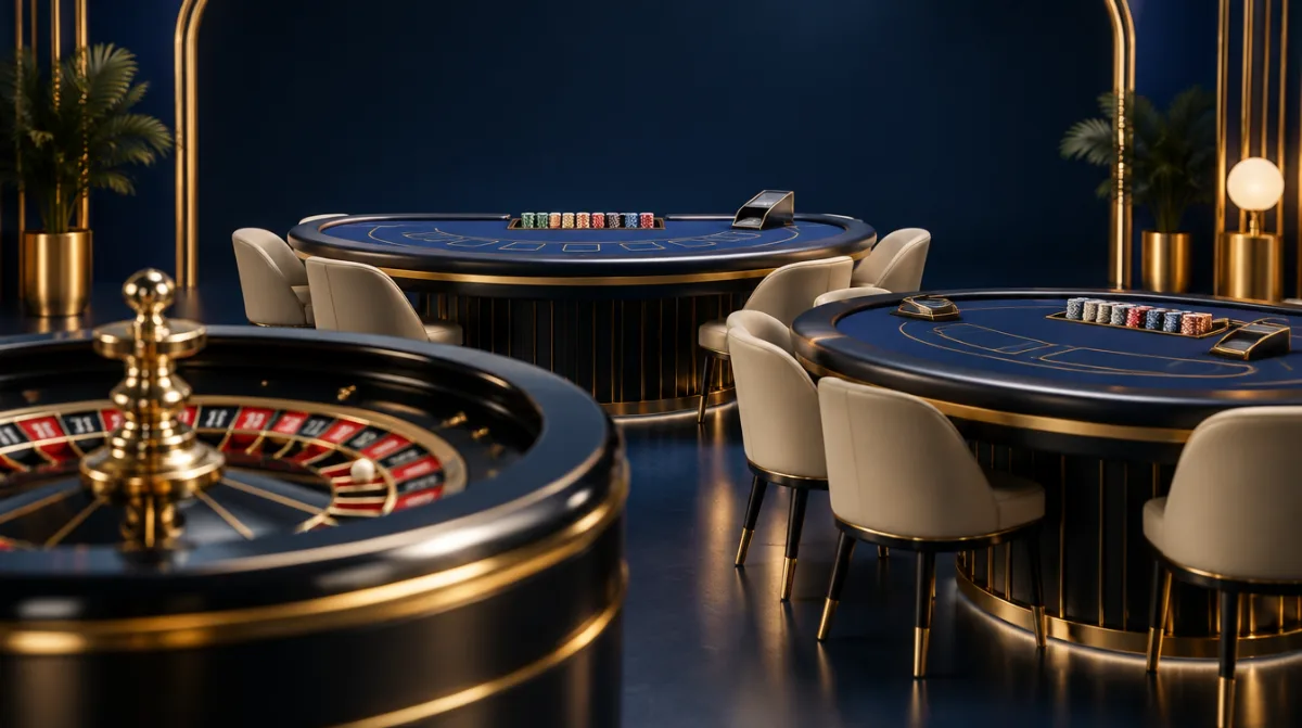 Live roulette, blackjack and baccarat tables in a studio