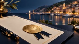 A golden licence seal on a document with a Mediterranean harbour in soft focus behind