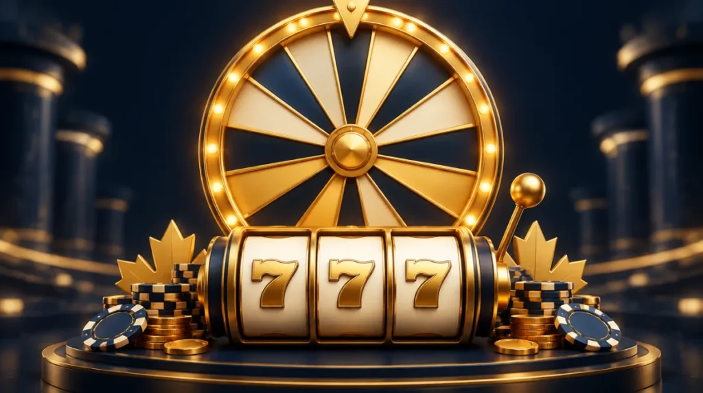 A giant progressive jackpot wheel glowing gold above slot reels