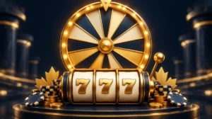 A giant progressive jackpot wheel glowing gold above slot reels