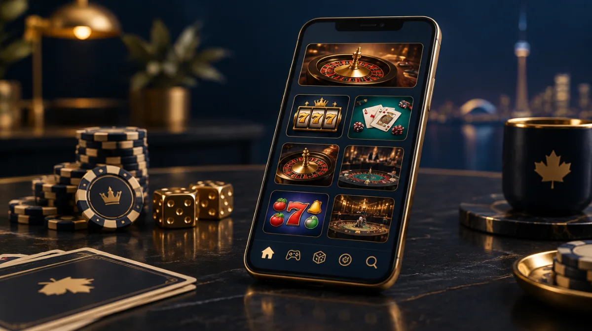 A smartphone showing a casino game lobby on a dark table