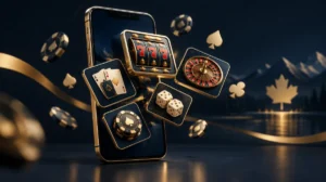 A smartphone standing upright with casino game tiles floating out of its screen