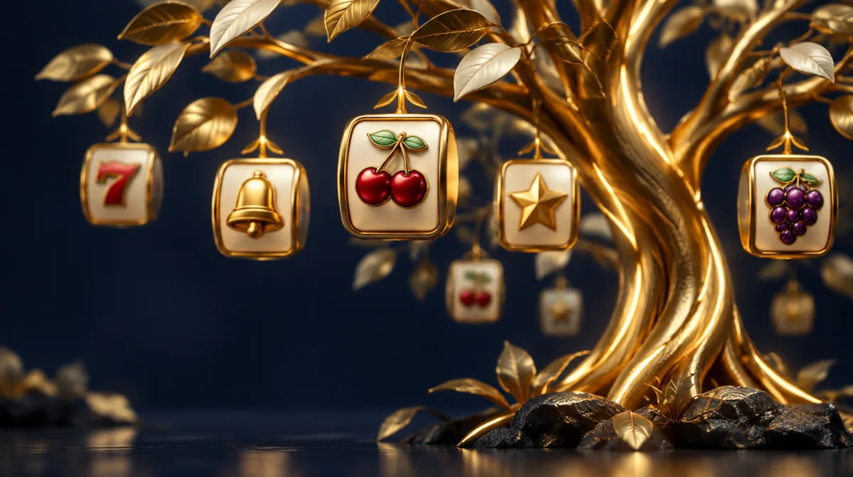 Slot game tiles hanging like fruit from a glowing golden tree