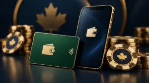A green e-wallet card and smartphone beside gold casino chips