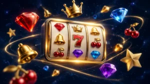 Bright gem-like slot symbols orbiting a glowing slot screen in space