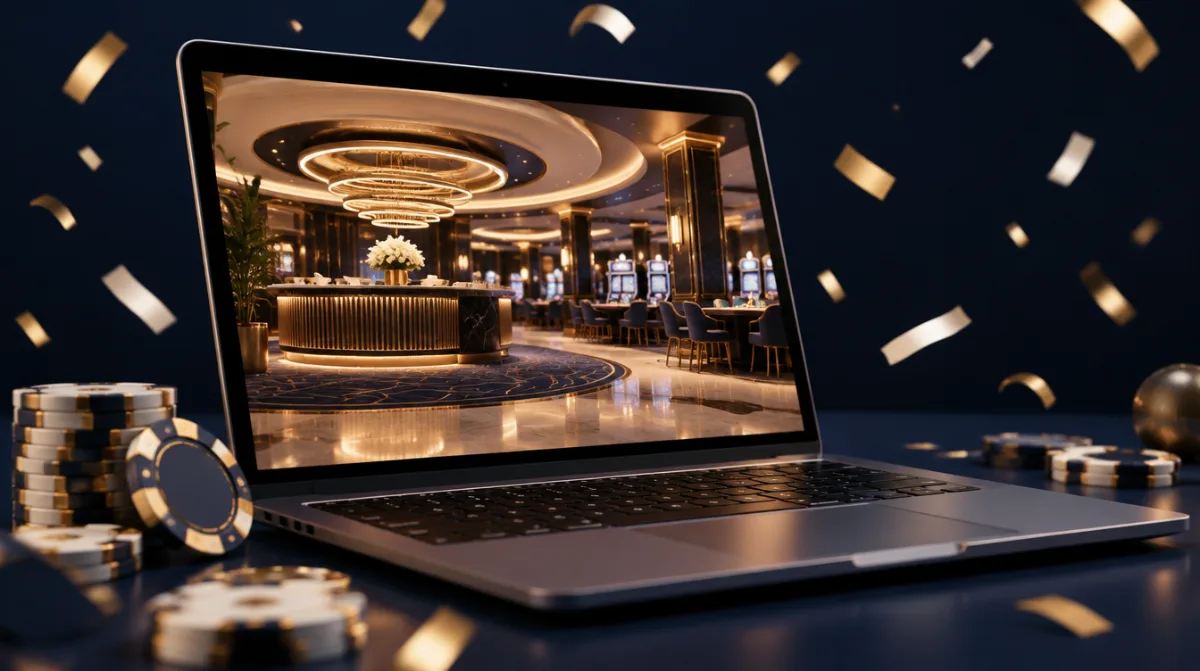 A new casino lobby on a laptop with confetti