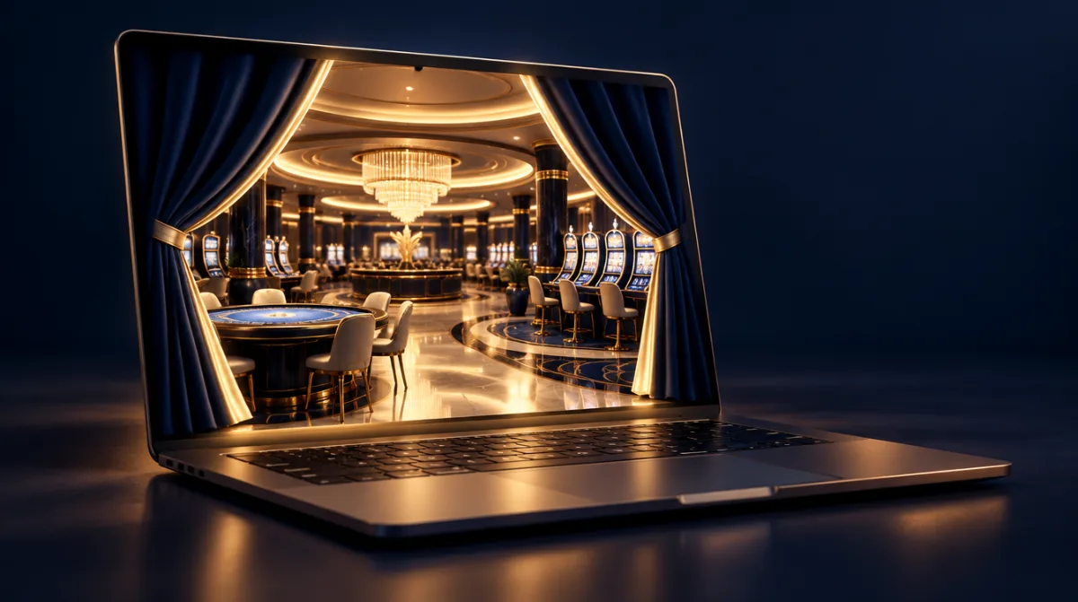 A laptop opening onto a glowing casino lobby like a curtain rising