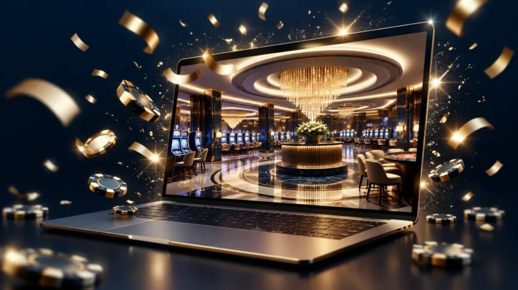 A brand-new casino lobby on a laptop with confetti and sparkles bursting out