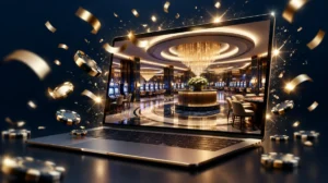 A brand-new casino lobby on a laptop with confetti and sparkles bursting out