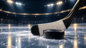 A hockey puck and stick on fresh ice under arena lights