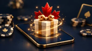 A gift box on a smartphone screen with sparkles and a red maple leaf