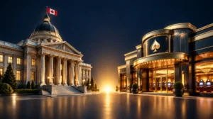 A government-style building and a private casino storefront facing each other, golden light between them