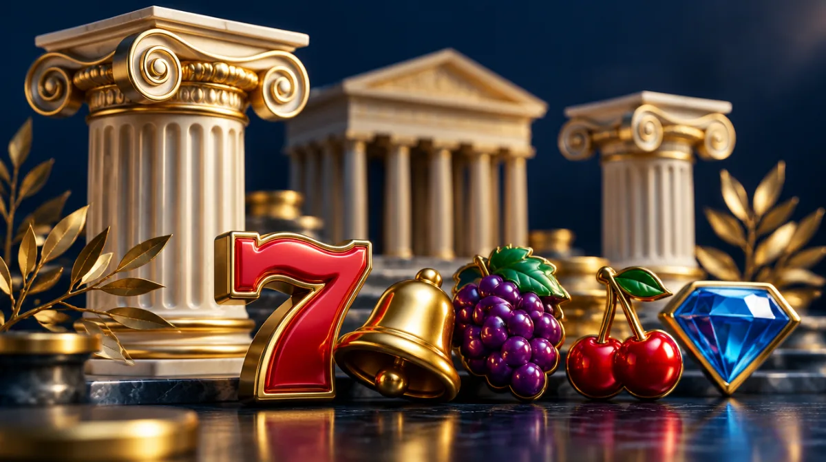 Greek columns and candy-coloured slot symbols side by side