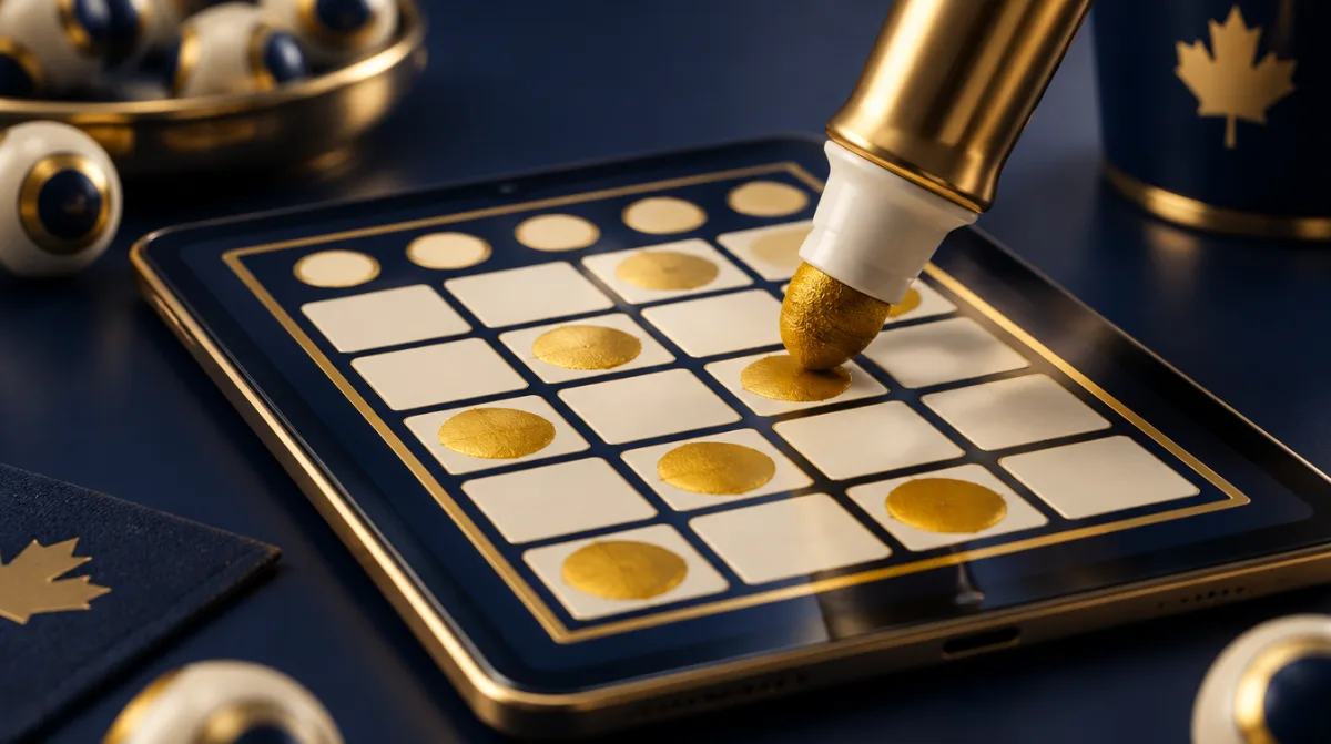 A bingo card on a tablet with squares being daubed
