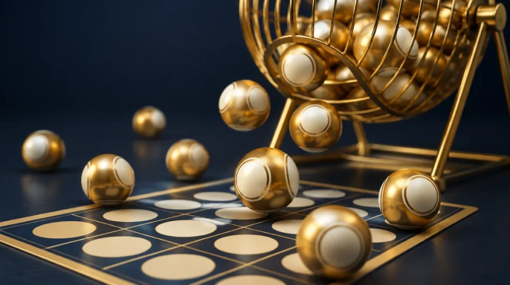 Golden bingo balls tumbling out of a cage onto a bingo card