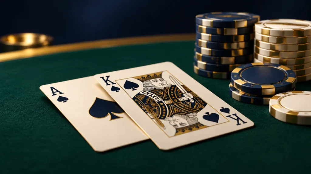 A blackjack hand of an ace and a king on green felt next to chip stacks