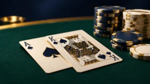 A blackjack hand of an ace and a king on green felt next to chip stacks