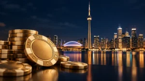 A Toronto-style skyline at night with golden casino chips in the foreground