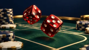 Two red dice tumbling over a green craps table layout with chips