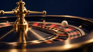 A roulette wheel in motion with the ball bouncing, shot from a low dramatic angle