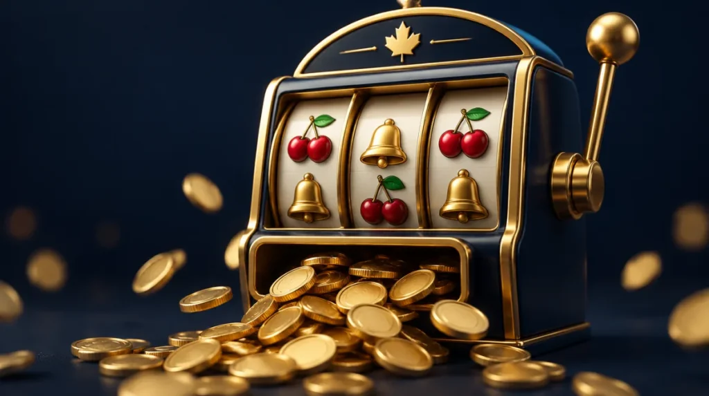 A classic three-reel slot machine with cherries and bells, gold coins pouring out
