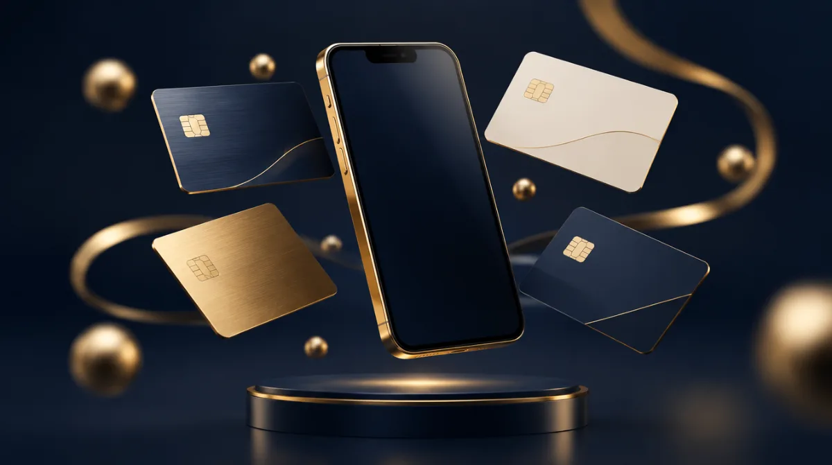 A smartphone surrounded by floating payment cards