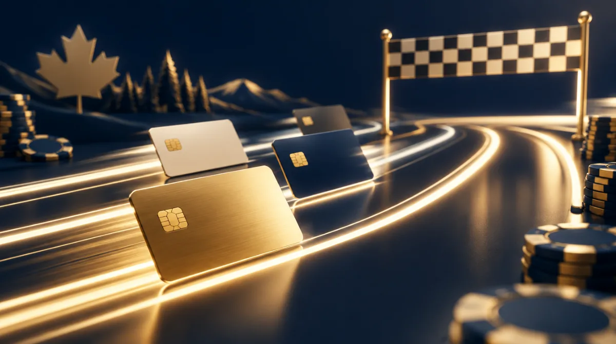 Payment cards racing along light trails toward a finish line