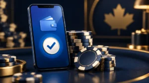 A blue e-wallet phone screen with a payment confirmation tick next to casino chips