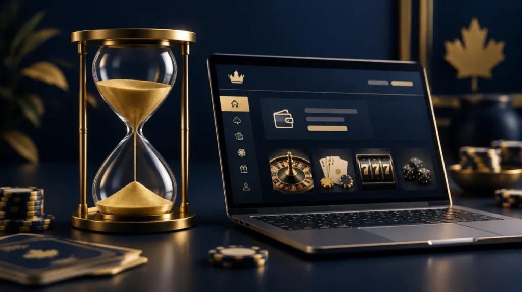 An hourglass with gold sand next to a laptop showing a casino account