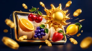 Bright fruit and sun symbols bursting out of a slot screen