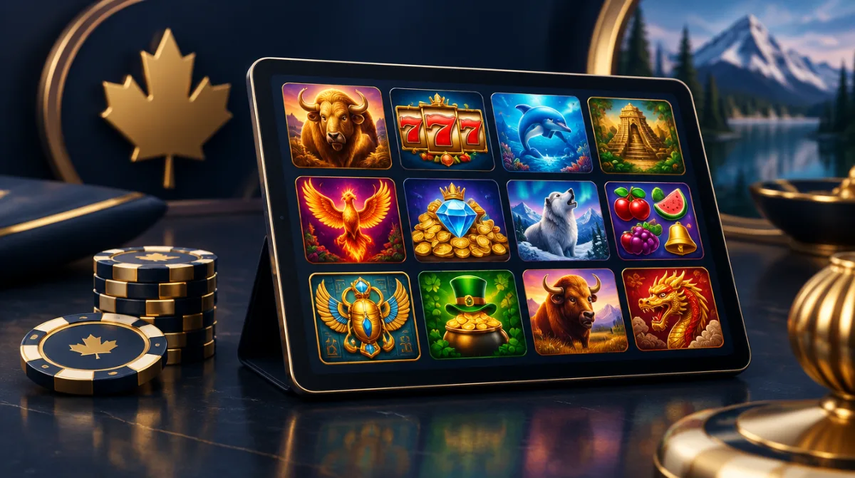 A tablet showing a grid of colourful slot games