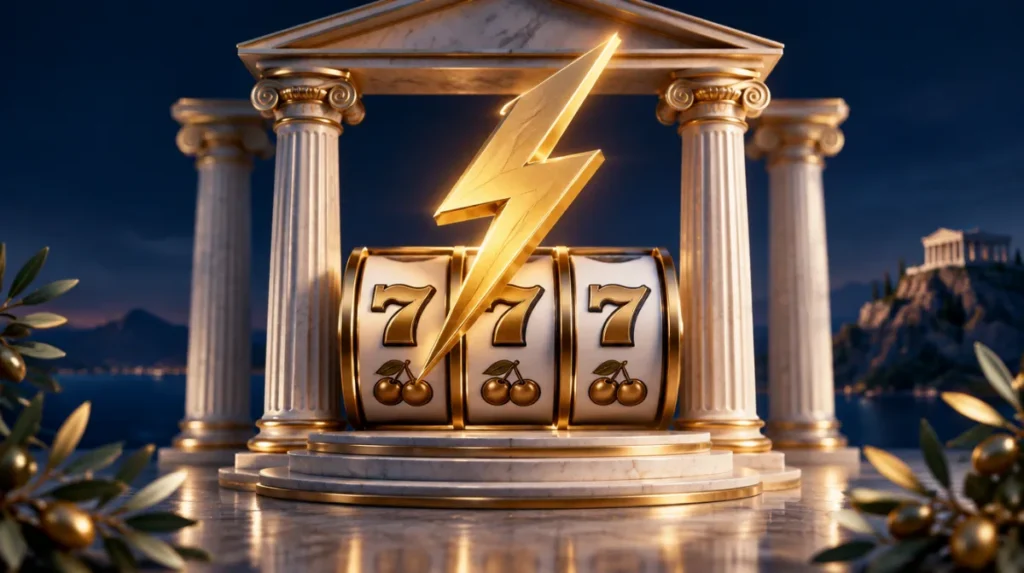 Ancient Greek temple columns with a golden lightning bolt over slot reels