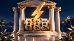 Ancient Greek temple columns with a golden lightning bolt over slot reels