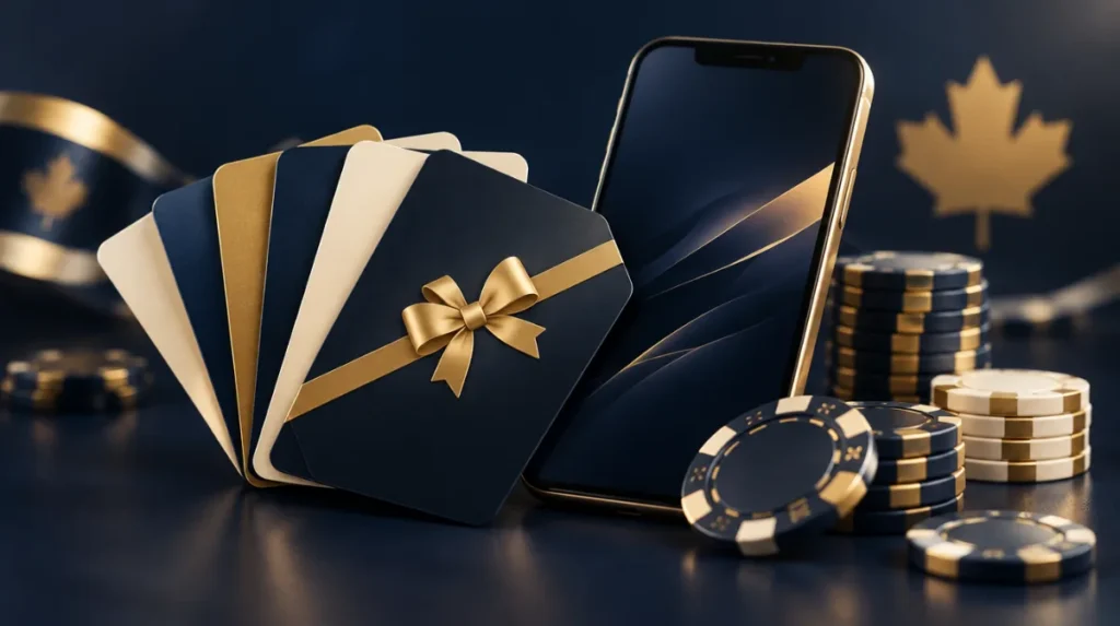 Prepaid gift cards fanned out next to a smartphone and casino chips