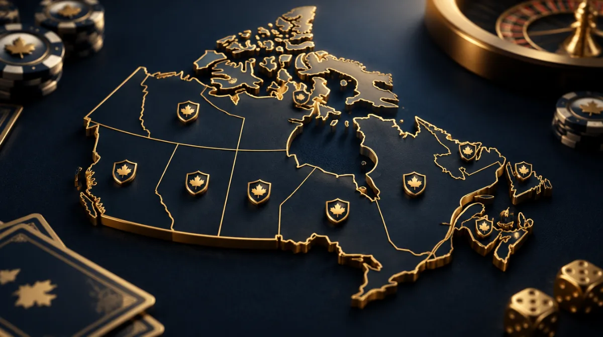 A map-like outline of Canada in gold lines with small shield icons