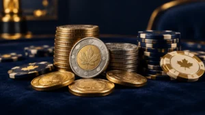 Canadian-style coins and casino chips stacked on a dark velvet table