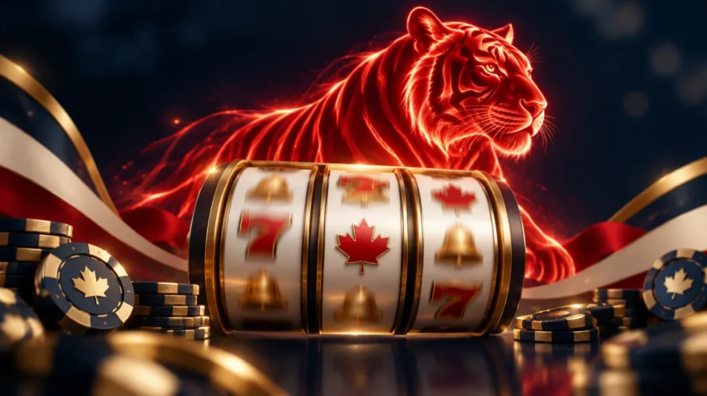 A glowing red tiger silhouette made of light behind spinning slot reels