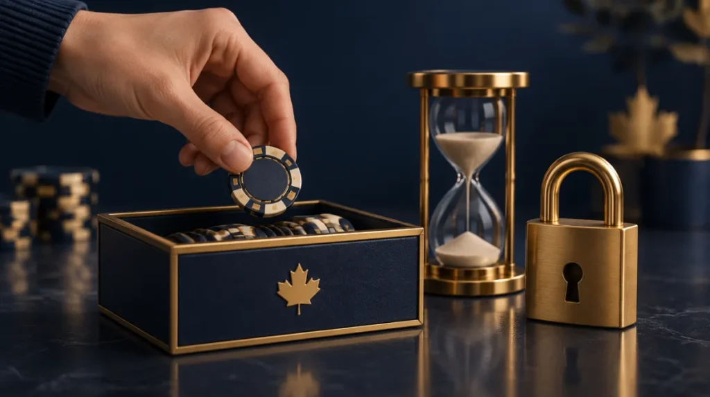 A calm hand placing a single chip back in a box beside a timer and a padlock