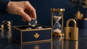 A calm hand placing a single chip back in a box beside a timer and a padlock