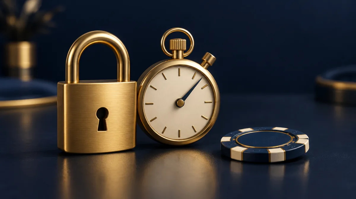 A padlock, a timer and a single chip set aside on a table