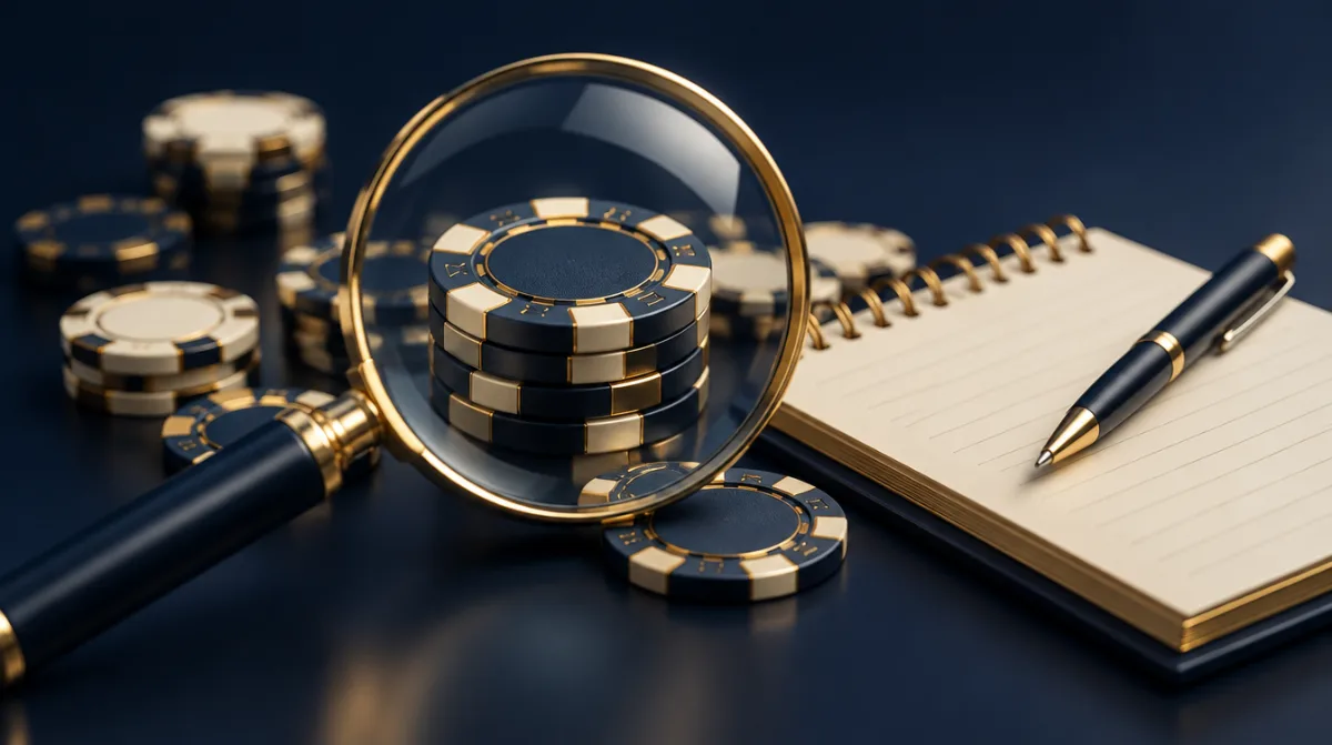 A magnifying glass over casino chips and a notepad