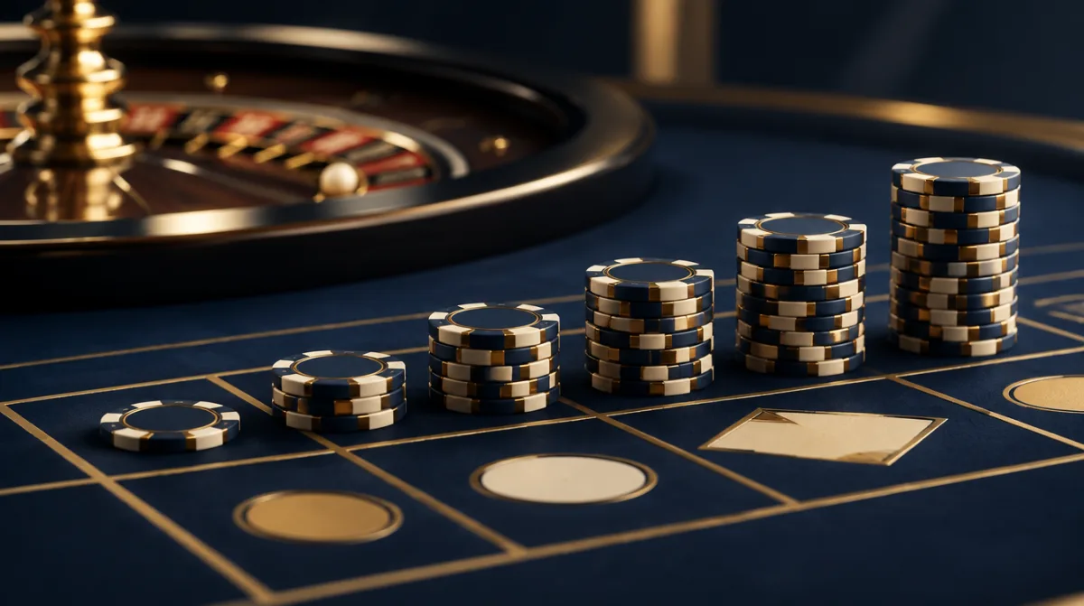 Chips arranged on a roulette layout in a progression of stack sizes