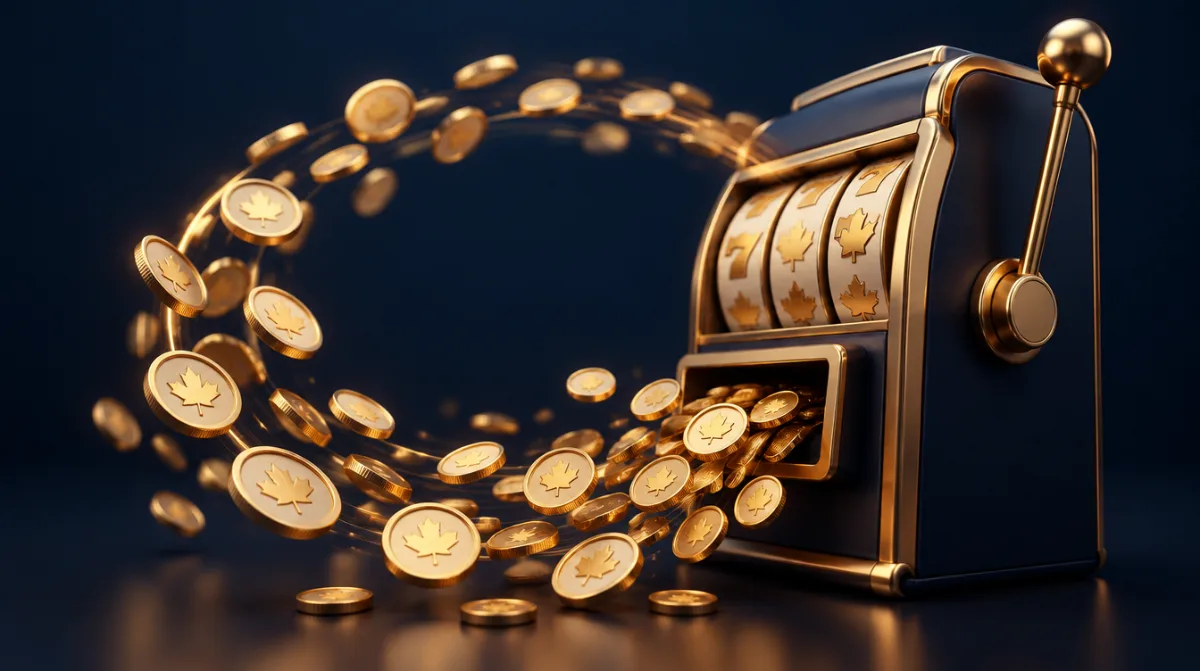 Coins flowing out of a slot machine and partly back in a circular stream