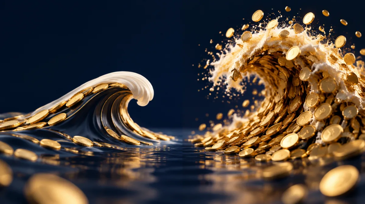 A calm wave and a stormy wave of gold coins side by side