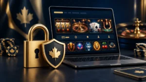 A golden padlock and shield in front of a laptop showing a casino lobby