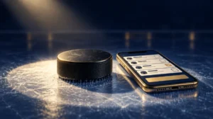 A single hockey puck in a spotlight on ice, with a betting slip on a phone beside it